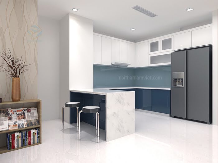 Tủ bếp chữ L kết hợp đảo bếp mini