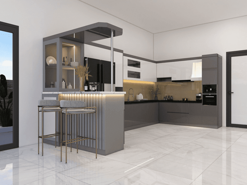 Tủ bếp chữ L có quầy bar nhỏ