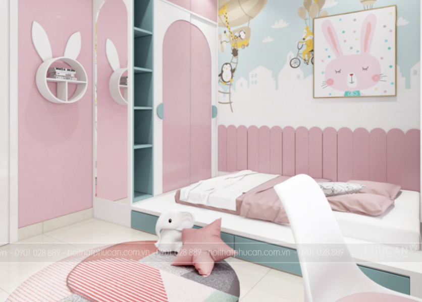 Mẫu phòng ngủ bé gái tone hồng pastel dễ thương