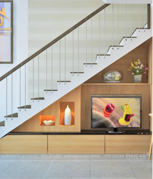 Cách tận dụng gầm cầu thang làm kệ tivi đẹp & tiết kiệm diện tích